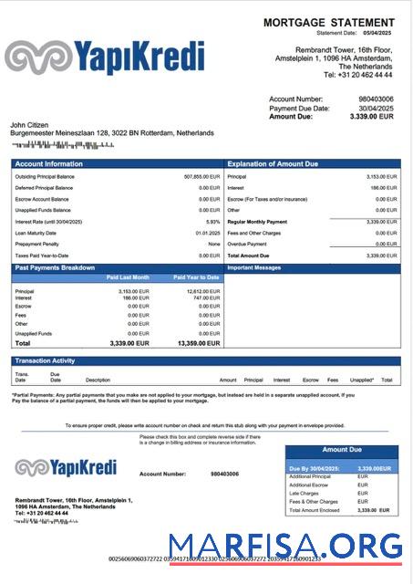 Printable Netherlands Yapi Kredi Bank Nederland mortgage statement Word and PDF template